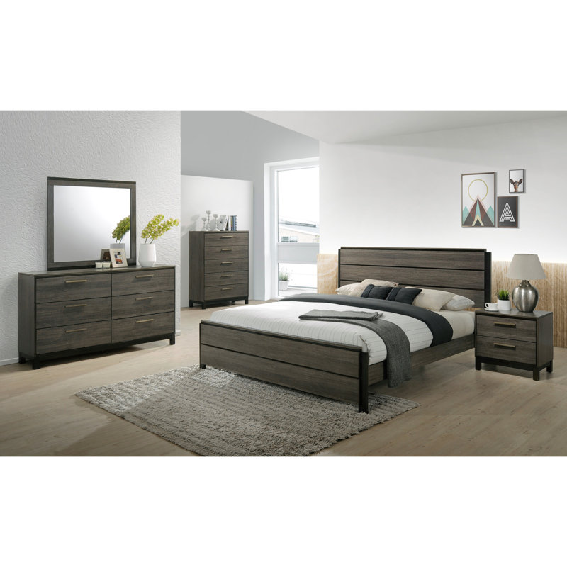 Ensemble de chambre, lit, commode, miroir, table de chevet, commode Ioana, Grand lit