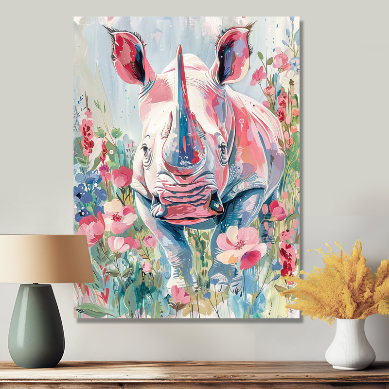 Reproduction d'art mural rose, rhinocéros vert, Meadows I - Rhinoceros, Cadre simple noir, H 12 po x l 20 po