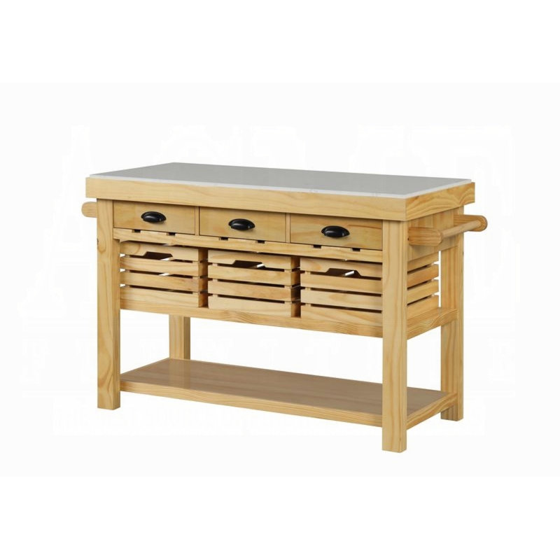 Natural Pine Kitchen Island with Marble Top and Storage