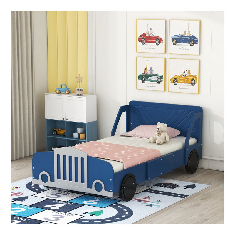 Lit plateforme simple en forme de voiture avec roulettes, bleu