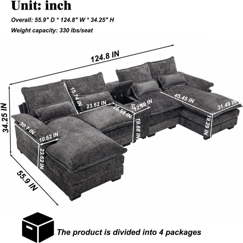 124" Sectional Sofa with Chaise, Oversized U Shaped Chenille Sectional Couch with Storage Console and Cup Holders,USB USB Ports