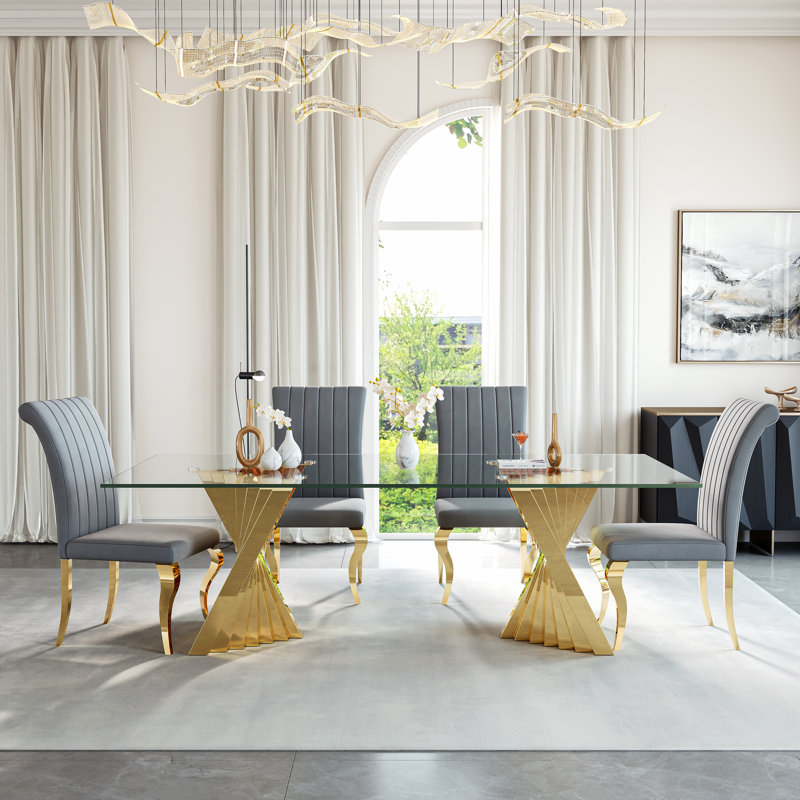Rectangular Glass Dining Table Set For 6 People, Sleek Modern Design With Sculptural Metal Base, 94.49'' L X 47.24'' W