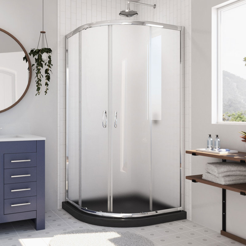 Prime 33" x 74.75" Semi-Frameless Quarter-Round Sliding Shower Enclosure with Base Included, Black, Frosted Tempered
