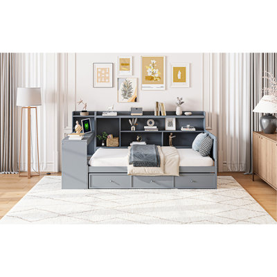 Twin Size Daybed In Gray With Desk And Storage Features - Crafted From Pine Wood For Durability 3 Spacious Drawers, & Port Functionality