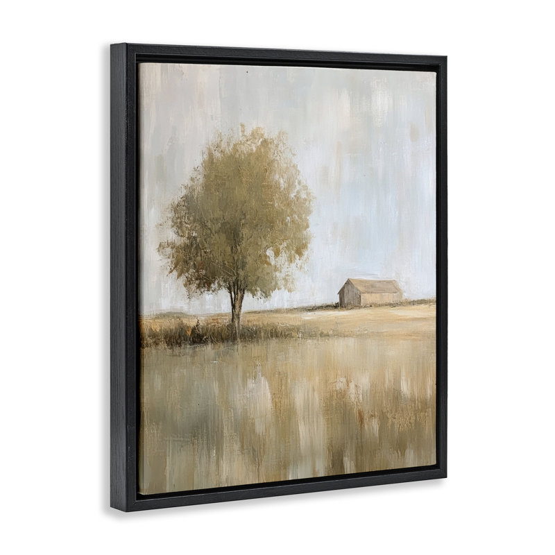 Cadre flottant lointain grange et arbre solitaire, design par Petal Prints Design, Cadre flottant noir de jais