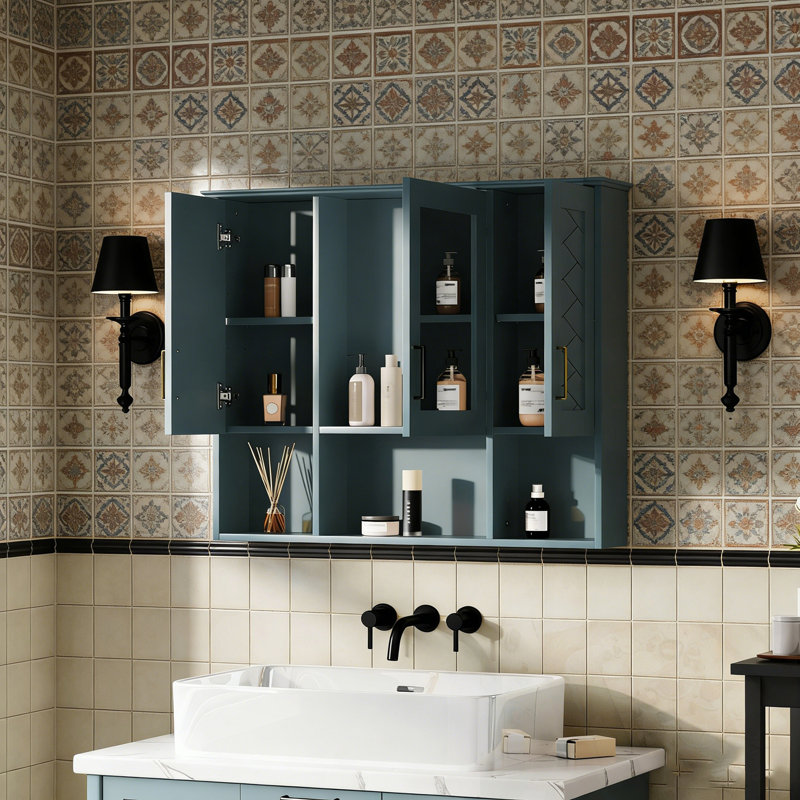 Armoire de salle de bain murale avec tablette réglable et espace de rangement ouvert, Bleu