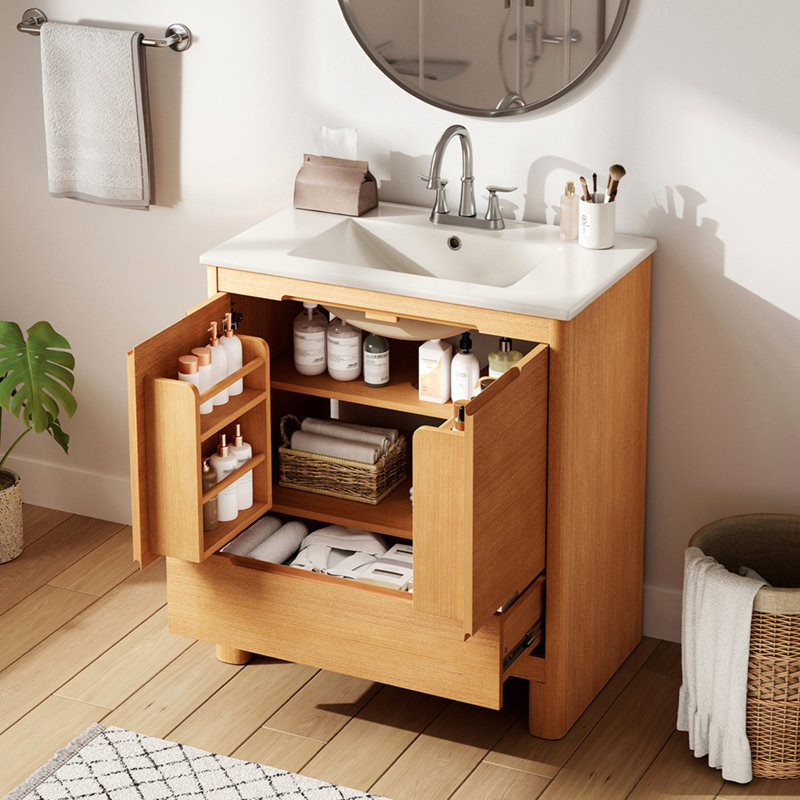 Meuble-lavabo moderne 30 po avec lavabo en céramique, grain de bois naturel, structure en bois massif, portes et tiroir à fermeture en douceur, tablette réglable, ensemble tout-en-un, chêne