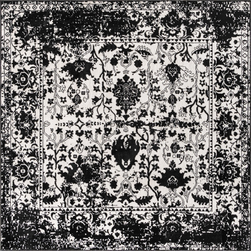 Tapis oriental blanc / noir Ortilio, Carré 6 pi 1 po, Black