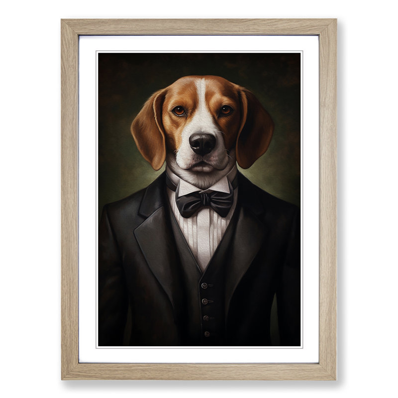 Beagle In A Suit No.4 - Single Picture Frame Print on Wood, 34cm H x 25cm W x 2cm D, Oak Framed