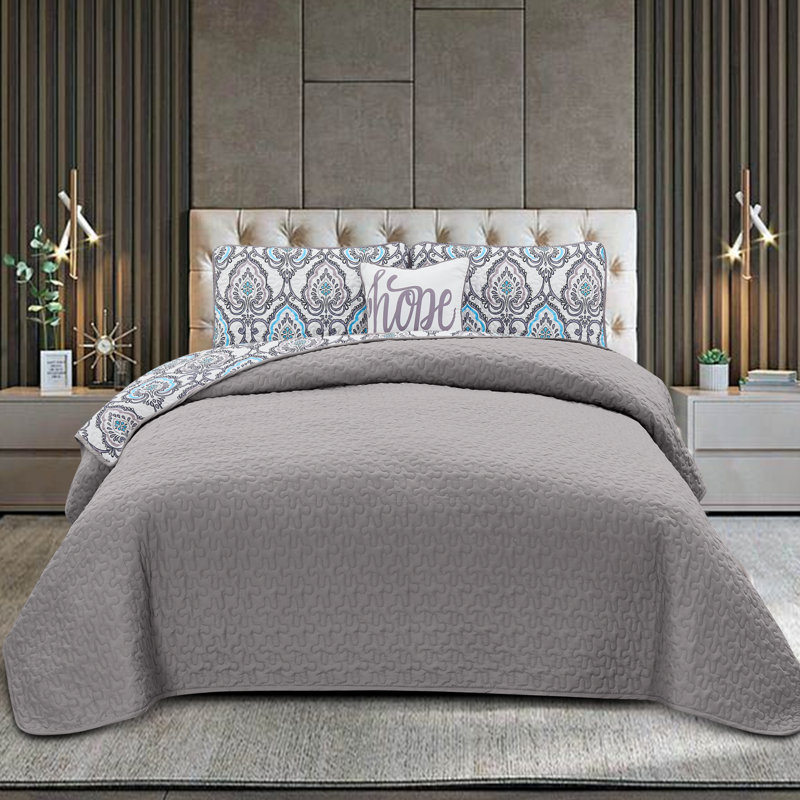 Ensemble de courtepointe réversible en microfibre 4 pièces Gryson, Gris foncé Azita