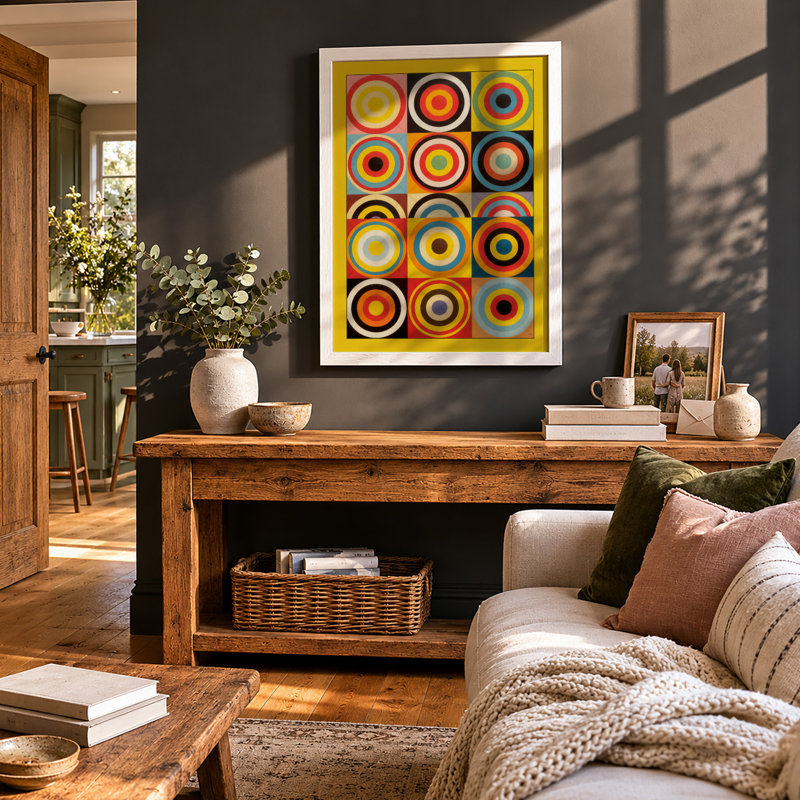 Chromatic Circles Geometric - Framed Print, A4 - 29.7 x 21.0 cm, Oak