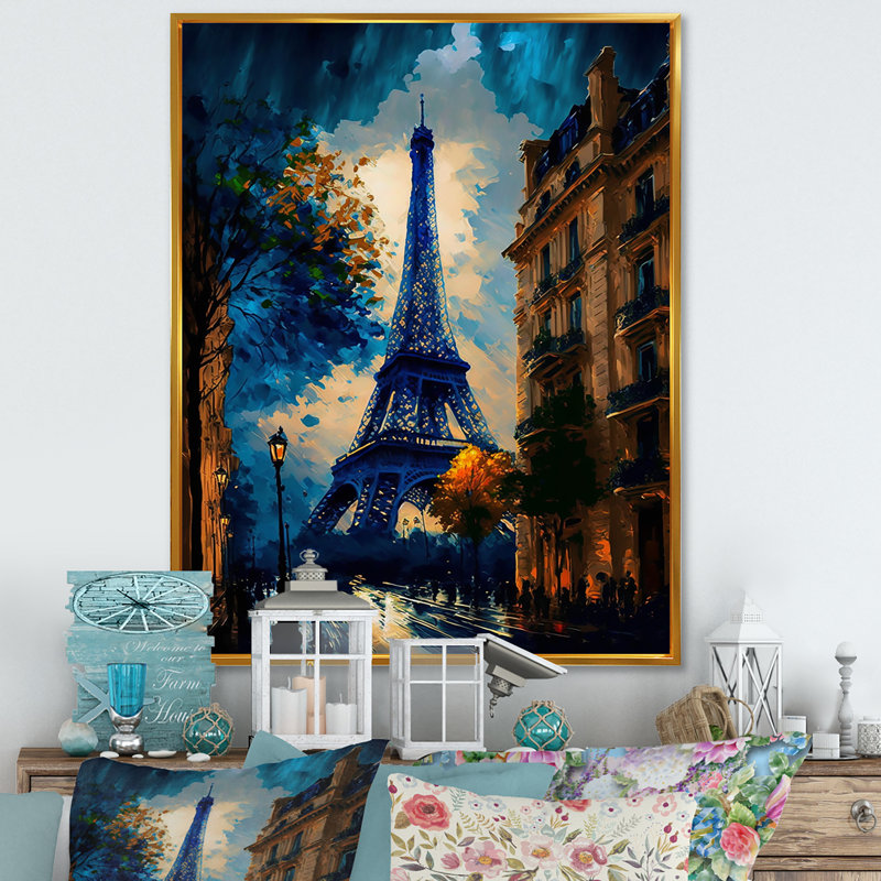 «Blue Eiffel Tower in the Autumn», reproduction sur toile, H 20 po x l 12 po x P 1 po, Toile avec cadre flottant or