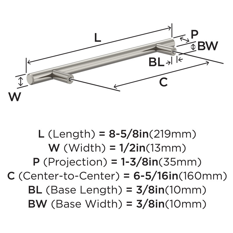Poignées de barre centre à centre, Nickel satiné, 6 5/16", 10