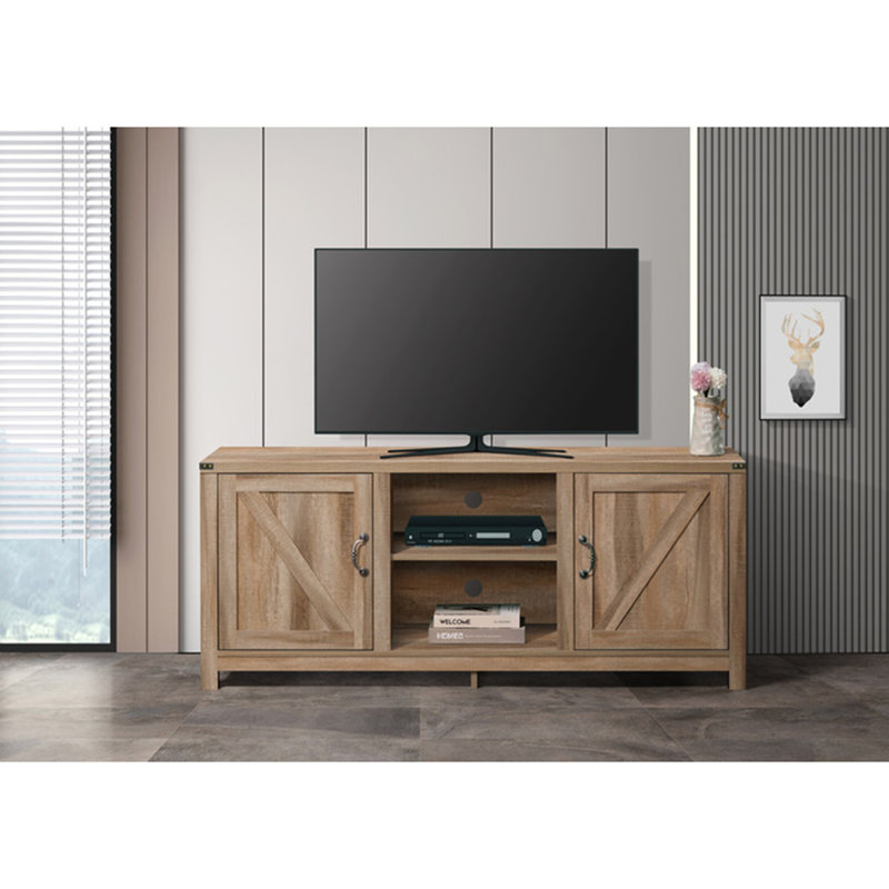 Meuble télé de style ferme en bois, 150 cm (59 po), fini papier stratifié, 2 étagères, 2 placards, pour téléviseurs de 55 à 65 pouces, chêne rustique