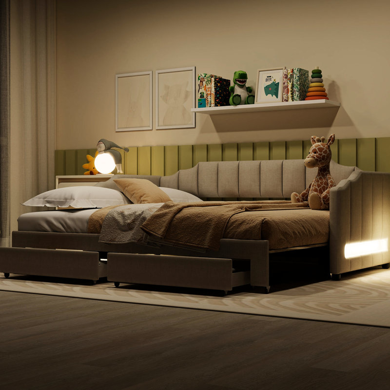 Twin Xl Extendable Daybed, Beige Linen Upholstery, Led , Storage Drawers, Strong Pine Wood Frame To King Upholstered Trundle For Extra Space