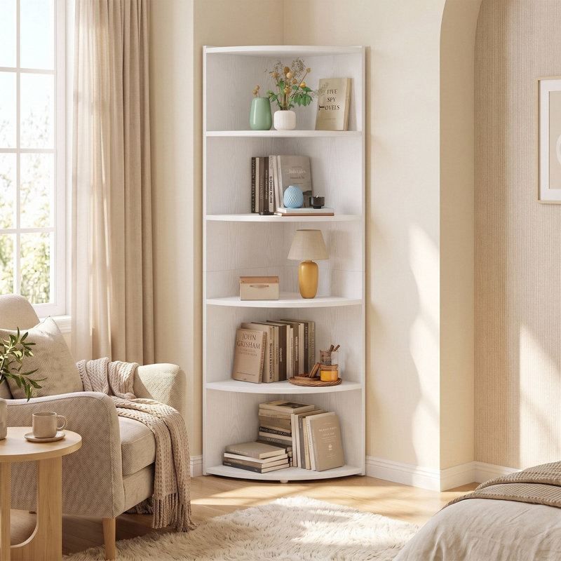 Finkel 66.9" H x 17.2" W Fan-Shaped 6-Tier Corner Bookcase, Wooden Opening Bookshelf, White