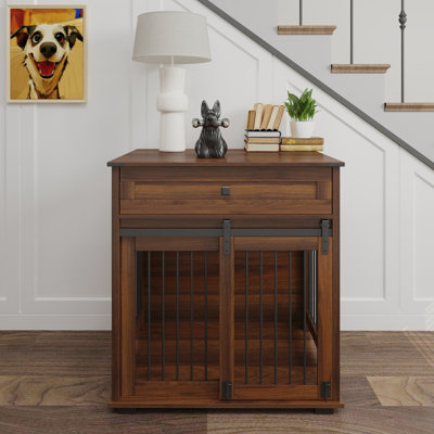 Meuble de caisse en bois pour chien avec porte de grange coulissante et tiroir de rangement, table de bout pour chenil pour chien en métal anti-morsure résistante à la mastication, cage robuste pour petits chiens de taille moyenne