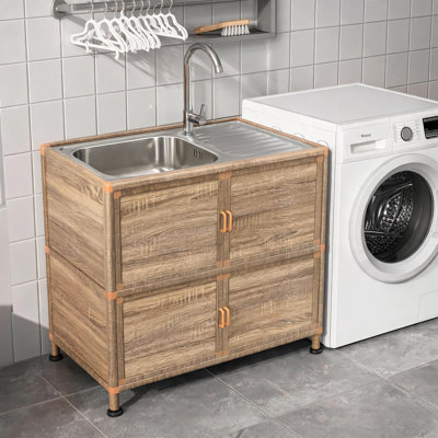 Station de lavabo autoportante avec armoire de rangement et évier de buanderie en acier inoxydable