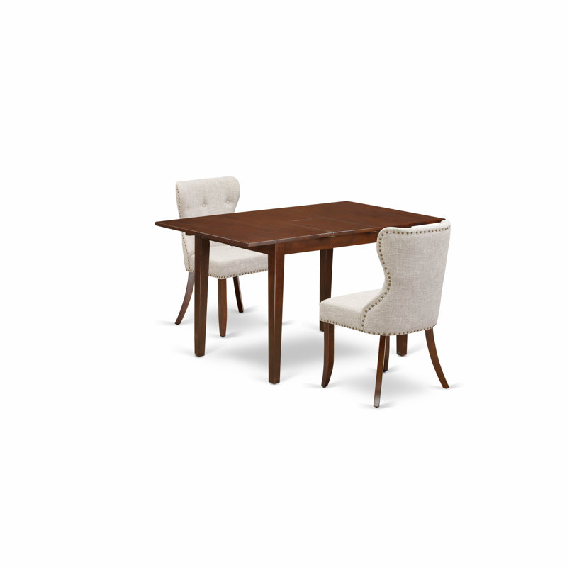 3 Piece Set Contains a Rectangle Dining Room Table with Butterfly Leaf and 2 Doeskin Linen Fabric Upholstered Parson Chairs, Mahogany