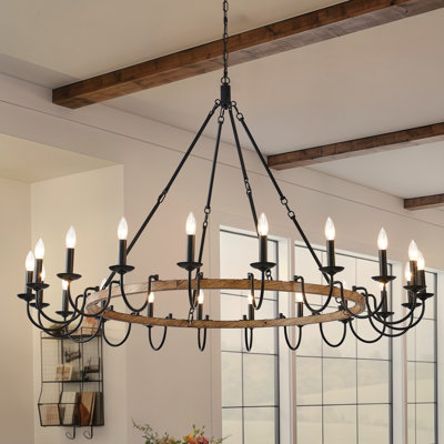 Black Wagon Wheel Chandelier Rustic, 16-Light Farmhouse Candle Chandelier, Industrial Round High Ceiling Pendant Light For Dining Room, Living Room, Bathroom, Bedroom, Entryway, Hallway
