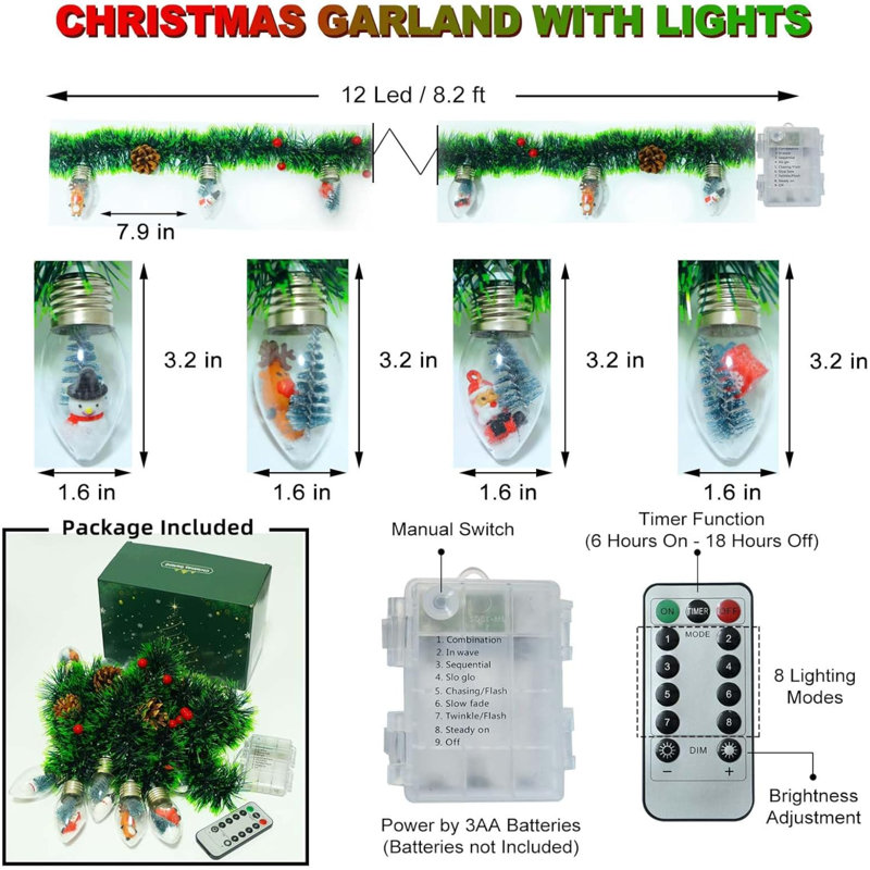 Christmas Garland With Lights, 8.2 FT Battery Operated Powerd 12 LED Bulb Lights Pine Cones Red Berry Decorations Lighted Xmas Lit Prelit Indoor Outdoor Window Home Mantle Fireplace Office Table Décor