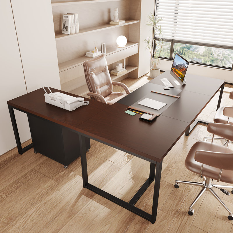 Wieze L-Shaped Metal Base Executive Desk, Dark Walnut/Black