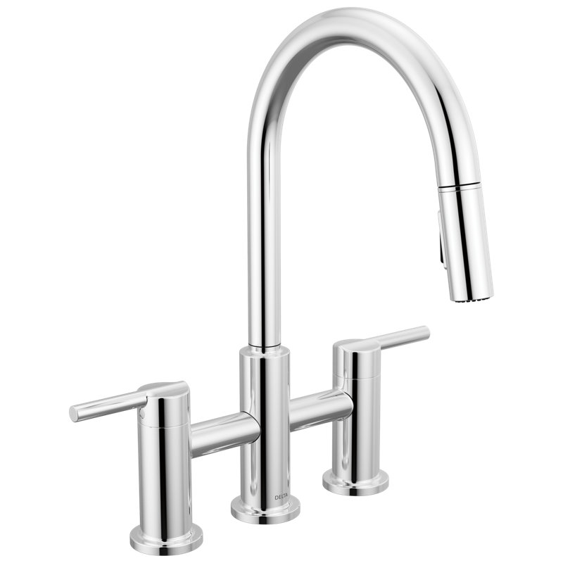 Robinet de cuisine chromé Nicoli avec douchette rétractable, robinet d'évier de cuisine Bridge, deux poignées, chrome