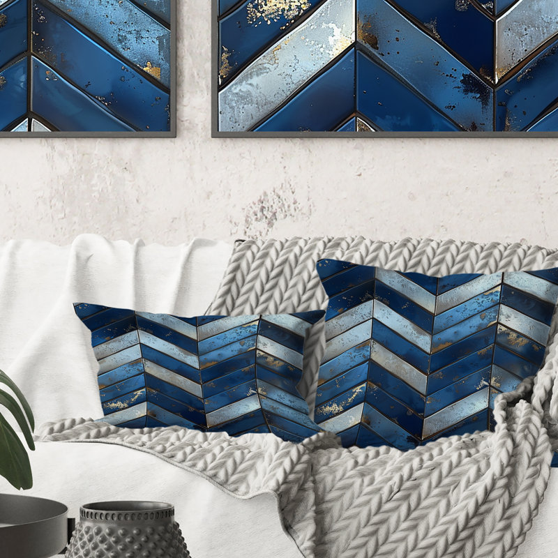 Coussin décoratif bleu à motif de chevrons bleu III, H 16 po x l 16 po