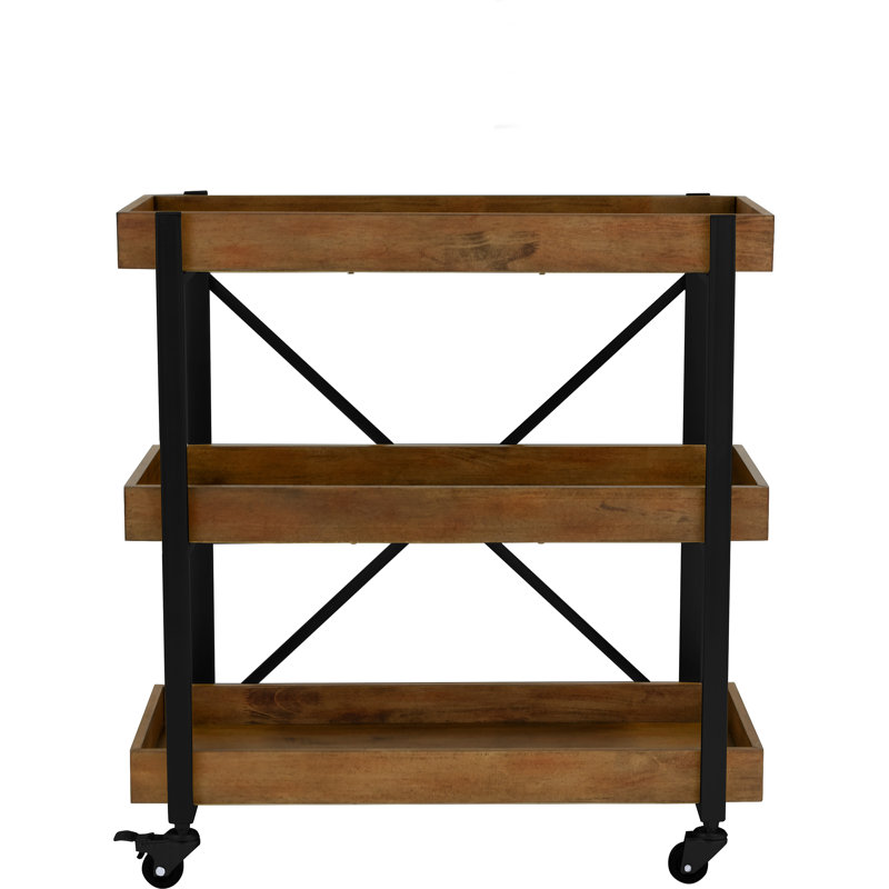 Riley Modern 3-Tier Rolling Bar Cart with Matte Black and Medium Brown Wood Finish