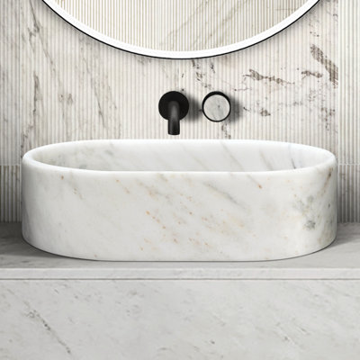 Lavabo vasque de salle de bain en marbre blanc avec motif naturel, fini à la main, trou pré-percé pour une installation rapide 600 x 400 x H 150 mm, apparence unique, utilisation durable