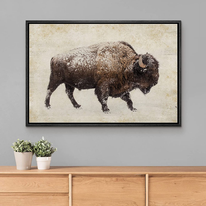 Sépia double exposition Buffalo Bison, art mural rustique, décor de ferme encadré sur toile, H 24 po x l 36 po, Noir