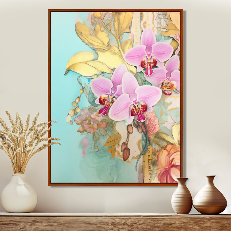 Orchidées roses, délicatesse dorée, bleu rétro - orchidée murale, salon, Cadre flottant brun, bois massif, H 32 po x l 16 po