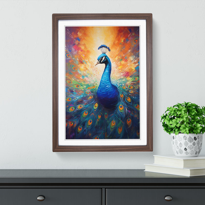 Peacock Action - Single Picture Frame Print on Wood, 64cm H x 46cm W x 2" D, Walnut Framed
