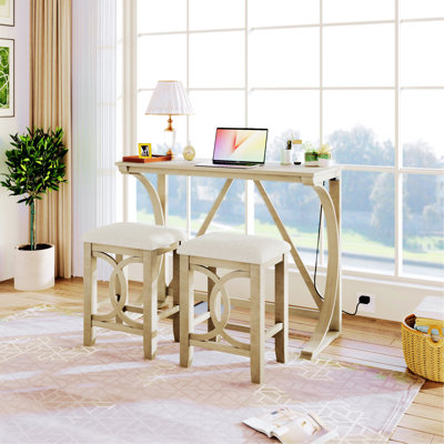 Farmhouse 3-Piece Counter Height Dining Table Set with USB Port and Upholstered Stools, One Table with Two Chairs for Dining Room