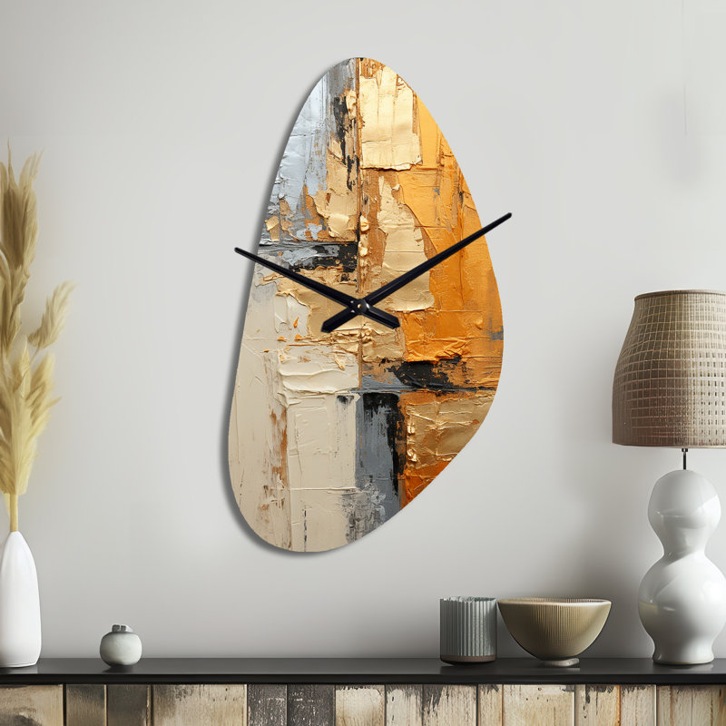 Gold Grey Gleaming Geometry XV - Abstract Collages Asymmetrical Metal Wall Clock, Modern Unique Shape Wall Clock Print
