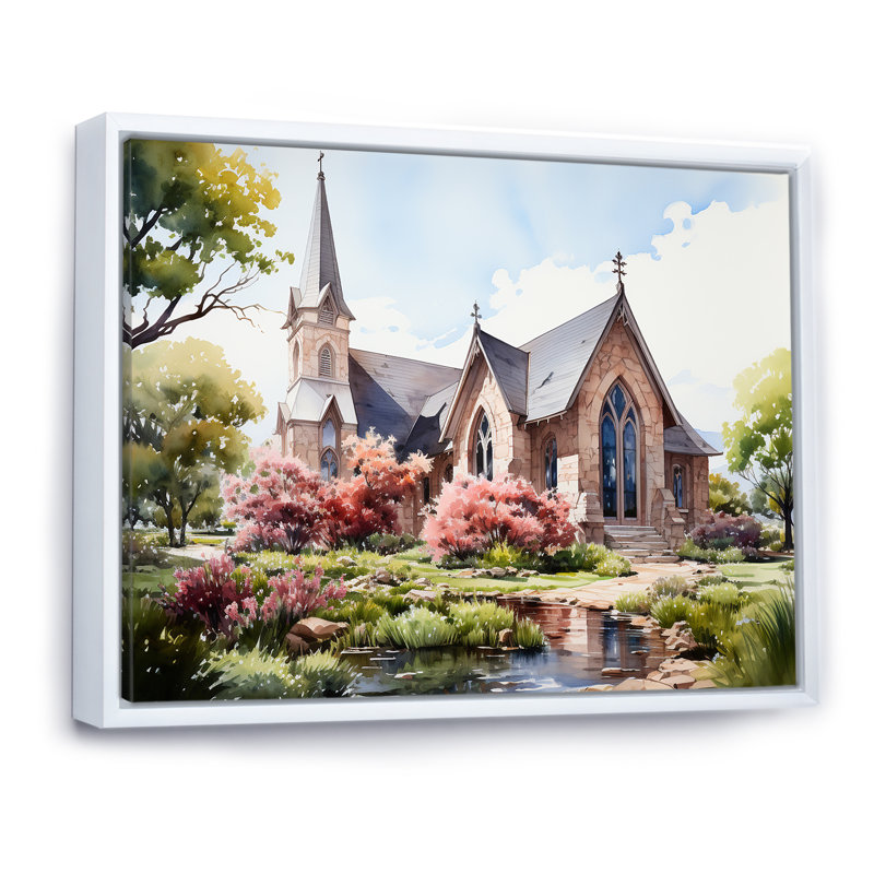 Aquarelle rustique de la chapelle blanche, H 24 po x l 32 po, Cadre flottant blanc