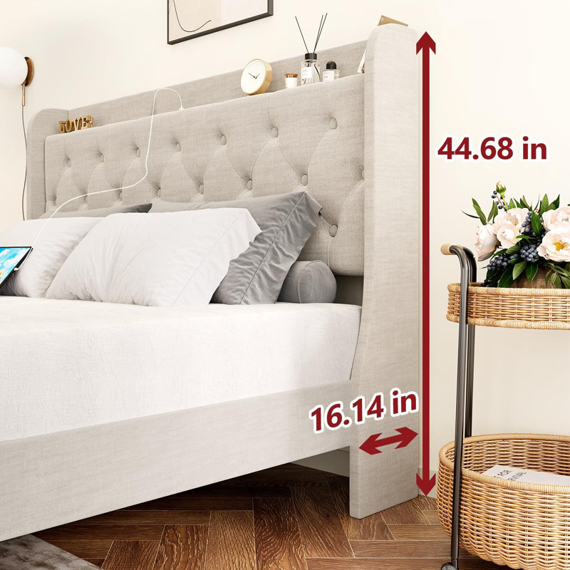 Lit plateforme tapissier à tête de lit capitonnée avec rangement à oreilles, Grand