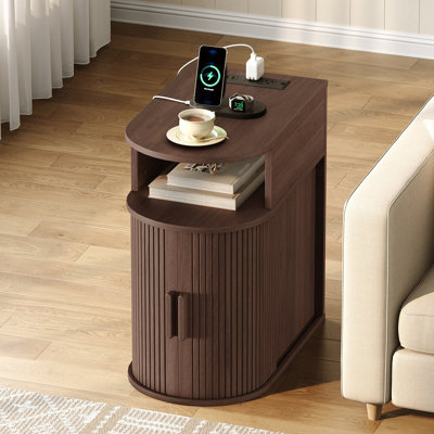 Narrow Fluted Side Table with Charging Station and Sliding Curved Door, End Table