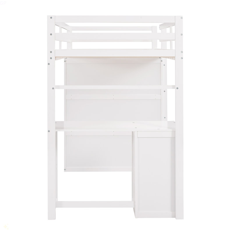 Lit mezzanine avec tiroirs, bureau et garde-robe, Lit simple, Blanc