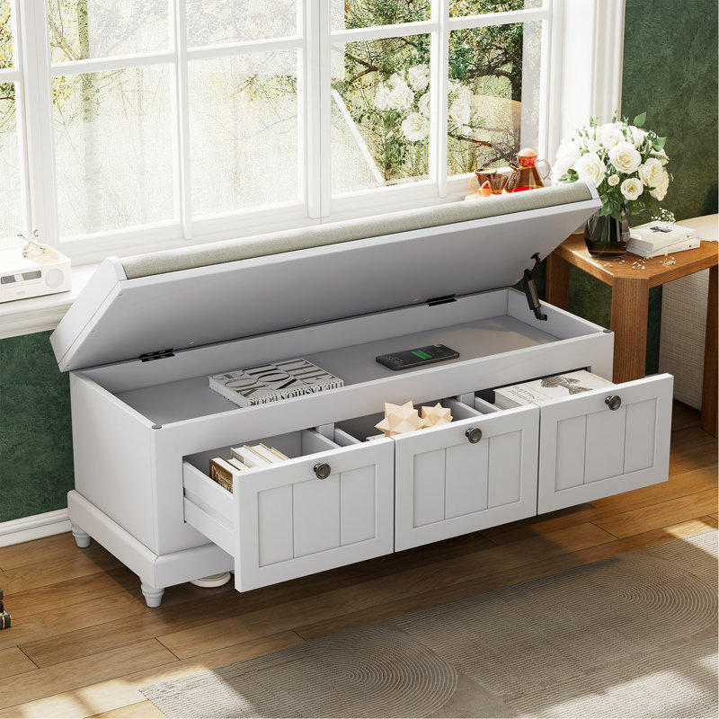 Banc à chaussures classique avec coussin et trois tiroirs, banc d'entrée cannelé avec rangement pour le salon, le vestibule et les couloirs (gris clair)