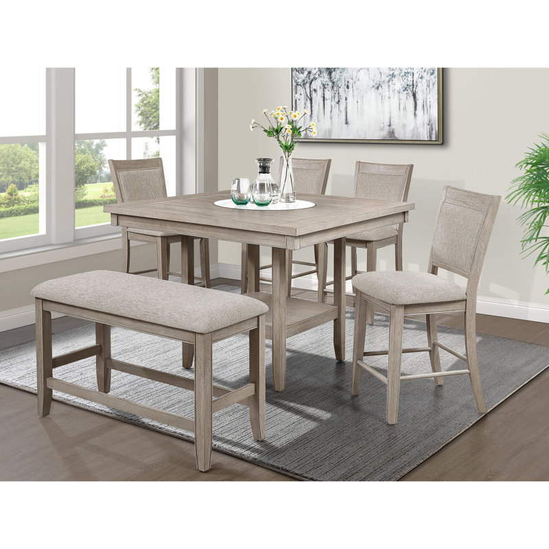 Tan/Beige Gray Counter Height Bench With Cushion Seat And Footrest, Solid Wood Construction For Dining Room Stool Upholstered Wooden Structure
