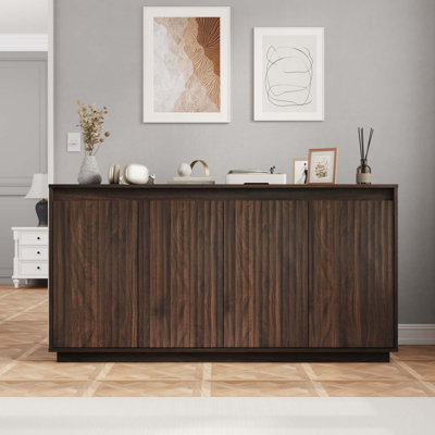 4 Door Wood Sideboard Buffet Cabinet With Power Outlet, Wavy Vertical Texture Accent Cabinet With No-Handle Design