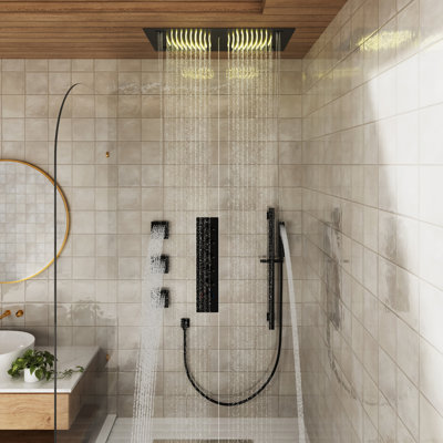 Rodeo 28"Lx16"W Flush Mounted 5-Function Thermostatic Complete Shower System with LED and Bluetooth Music