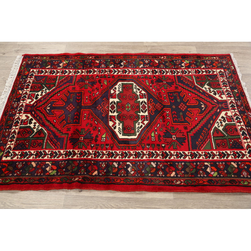 Tapis décoratif en laine rouge noué à la main/bleu marine de conception unique 3 pi 4 po x 5 pi Hamedan