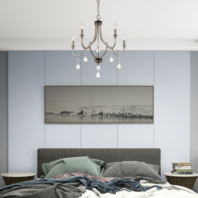 5-Light Empire Candle Chandelier with Dedric Crystal Details, Nickel brossé