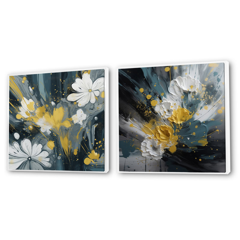 Paysage de jacinthe jaune et blanc - ensemble de 2 collages floraux carrés, H 16 po x l 33 po, Cadre flottant blanc