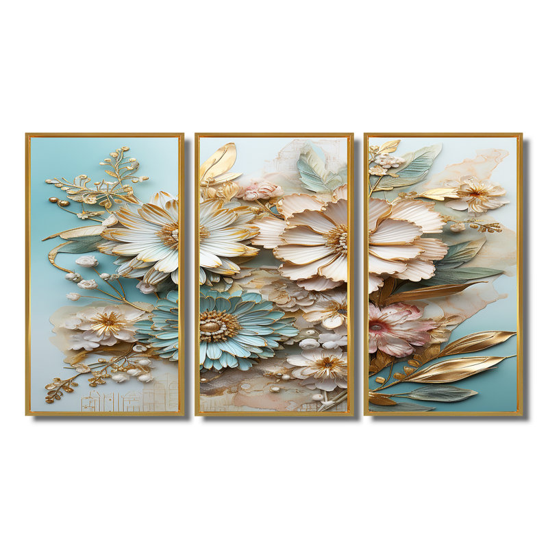 Marguerites blanches et bleues dorées, feuilles d'or glamour - ensemble d'art mural marguerite, Cadre flottant doré