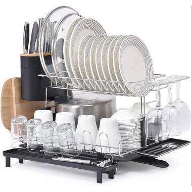Dish Drying Rack, romision 304 Stainless Steel 2 Tier Large Dish Rack and Drainboard Set with Swivel Spout Drainage, Full Size Dish Drainer with Utens