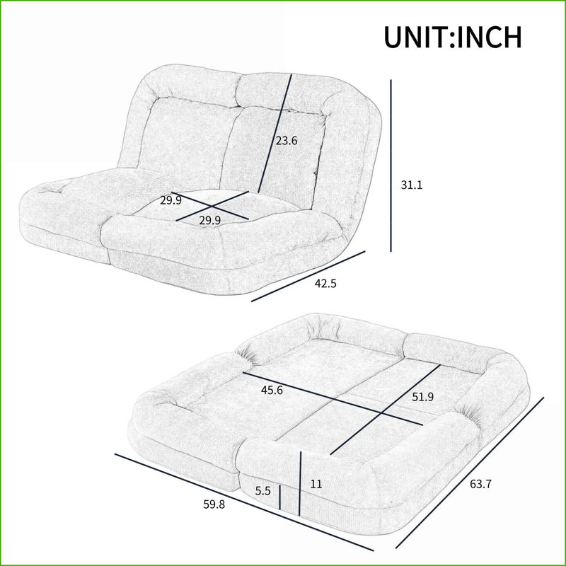 Canapé-lit convertible 18 positions pour adultes | Blanc | Profondeur du siège 63,78, Tissu gris
