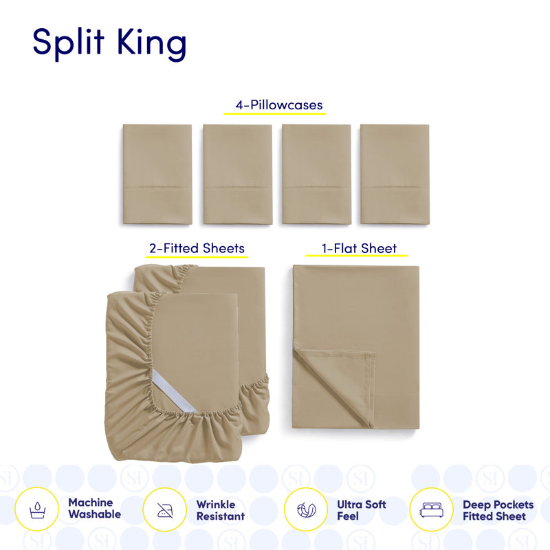 Luxurious Soft Microfiber Sheet Set with Bonus Pillowcases, Split King Sheet Set with 4 Pillowcases, Taupe
